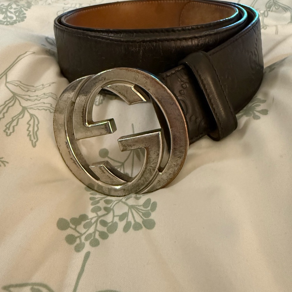 Gucci Brown Leather Belt with Silver Double G Buckle